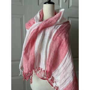 Jones New York Pink White Linen Stripe Wrap Shawl Fringe 72” x 36” Cruise Beach